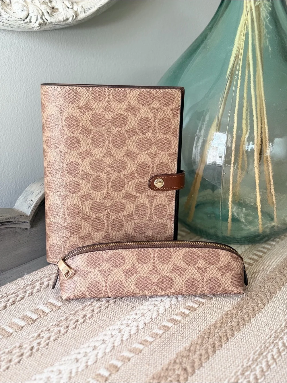 Coach Signature Canvas Notebook Cover & Pencil Case in Tan/brown  New